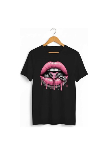 Kadın Beyaz Siyah Yılan Detaylı Dudak Baskılı Regular T-shirt Siyah