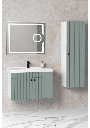 Avien 80 Cm Banyo Dolabı Kiev Led Aynalı Yeşil - Boy Dolap Dahil Yeşil