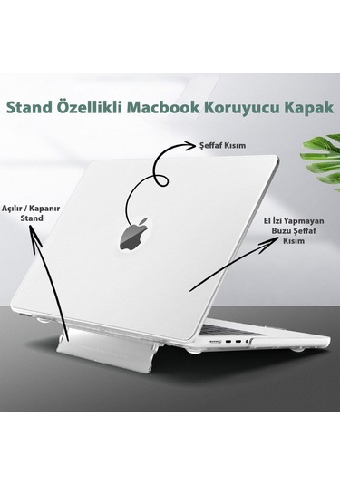 Macbook Air 13.6" M2-m3 Çip 2022/2024 A2681 A3113 Uyumlu Standlı Şeffaf İz Bırakmayan Koruyucu Kapak Şeffaf