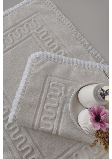 2'li Püsküllü Ayak Havlusu-%100 Pamuk-50x70 Cm Ekru