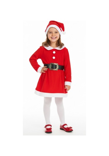 Kız Çocuk 3'lü Noel Elbise Ellbise+şapka+kemer 12417 Kırmızı