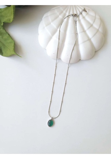 Çelik Silver Yeşil Taşlı Kadın Kolye - Emerald Sevgiliye Hediye