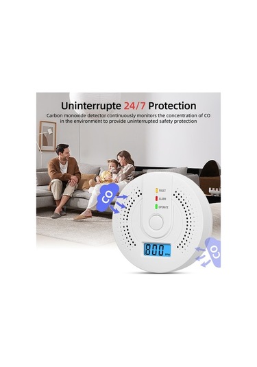 Flybuy Portatif Dijital Karbon Monoksit & Duman Dedektörü, Pil İle Çalışır, 24/7 Koruma, Hassas Algılama, Led Alarm, Beyaz