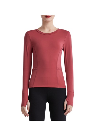 Jeemson Kadınlar İçin Rahat Yoga Üstü - Çift Cep Ve Parmak Delikli Uzun Kollu Spor Tişört Kırmızı