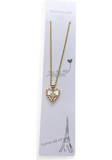 Altın Renk Beyaz Sedef Kalp Kutup Yıldızı Model Sf Zincir Çelik Kolye- 3715 Çok Renkli