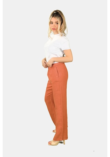 Balins Beli Lastikli Keten Pantolon Kiremit