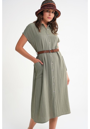 4453 Kadın Keten Cepli Midi Kemerli Elbise Haki Haki