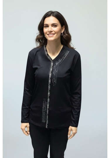 Kadın Önü Kapalı Düğme Detaylı Taşlı Nergis Mevsimlik Bluz Siyah