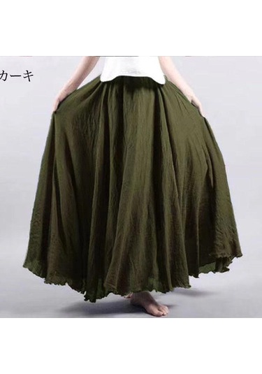 Yaz Sonbahar Kadın Etek Edebi Büyük Boy Pamuk Keten Yarım Etek Elastik Bel Keten A-line Etek Uzun Bölüm Saf Renk Rüzgar Salıncak Etek Ordu Yeşili Haki