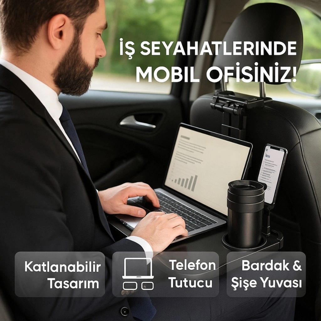 Polham Premium Araç Koltuk Arkası Masa Araç Laptop Standı Araç Yeme İçme Masası Standı Araç Standı Siyah