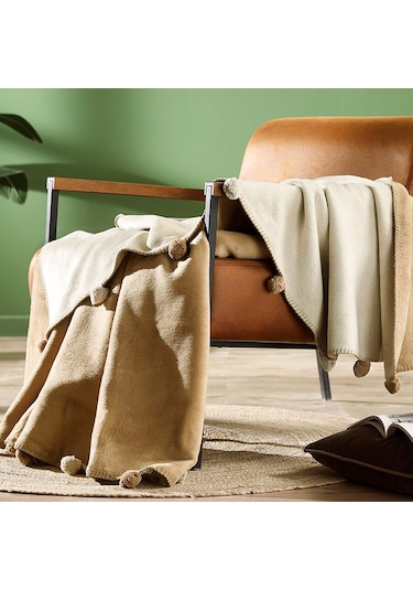 Ponponlu Pamuk Battaniye Çift Kişilik 200x220 Krem Bej Krem