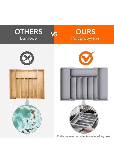 Pazly Genişletilebilir Gri Mutfak Plastik Çekmece Organizatörü, 33x38x5cm, Çatal Kaşık Bölücü Gri