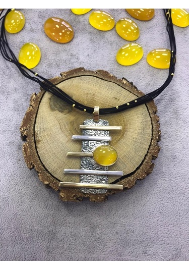 Sarı Akik Taşlı El Işi Gümüş 925 Ayar Kolye Taş 512653849