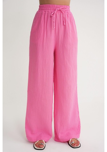 4286 Kadın Bol Paça Beli Lastikli Müslin Palazzo Pantolon Pembe Pembe