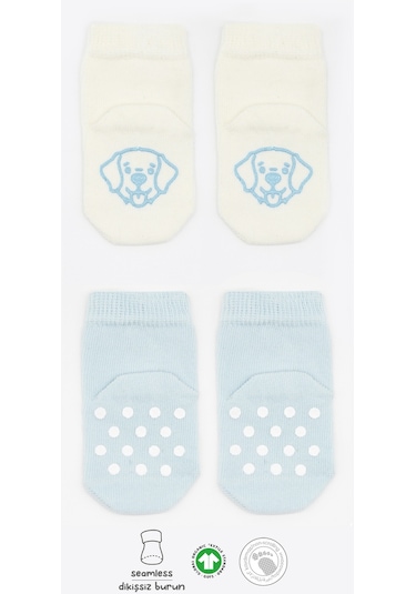 Bistyle Organik 2li Penye Figürlü Kaymaz Soket Çorap Bs2001 Mavi Ekru 001