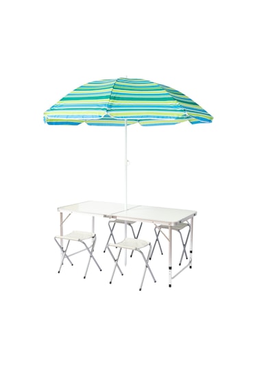 FUNKY CHAIRS Şemsiyeli Tabureli Katlanabilir Piknik Masası Seti - Gri Gri