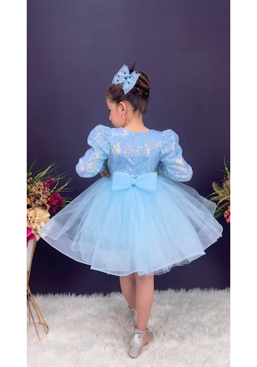 Gren Etek Pul Payet Uzun Kol Kız Çocuk Abiye Elbise 001