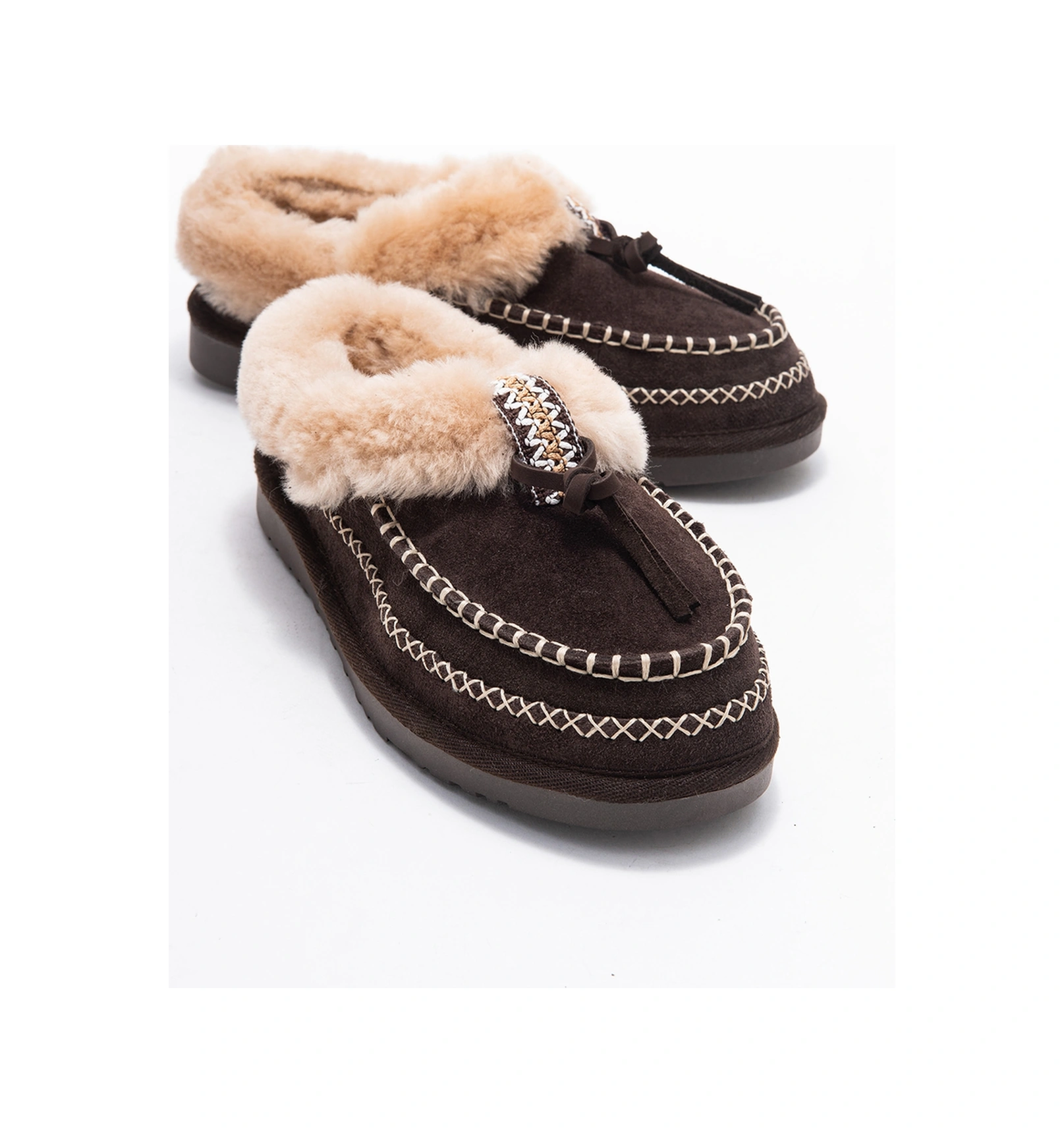 Norıel Kahverengi Süet Hakiki Deri Dikişli Kürklü Kadın Makosen Terlik Kahverengi