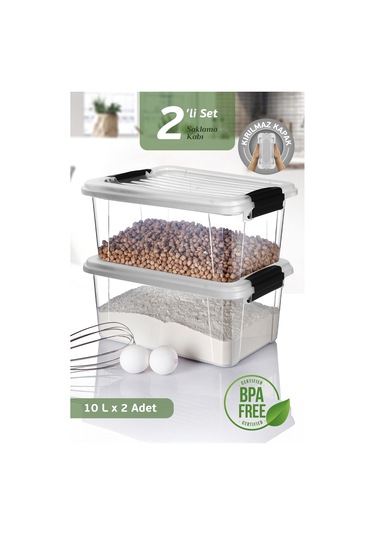 2'li Mega 10l Un Bakliyat Erzak Kabı - Kilitli Kapaklı Banyo Düzenleyici Deterjanlık Saklama Kutusu Şeffaf