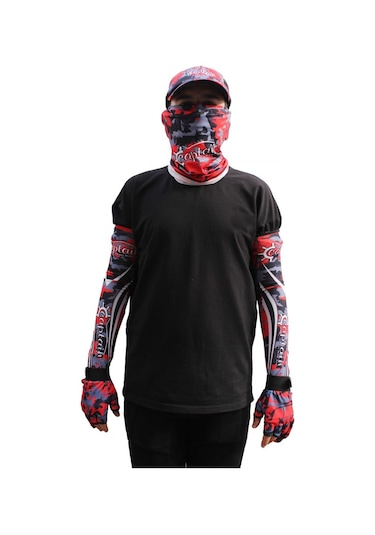 Captain Fisherman Style Set Cap + Eldiven + Kolluk + Buff Camo Red Kırmızı