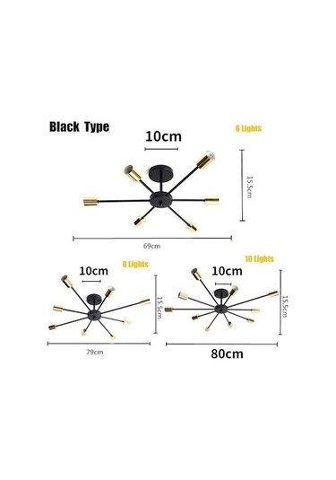 Novahub Siyah 6/8/10 Kafa Vintage Edison Led Işıkları Metal Gömme Montaj Tavan Işıkları Lambası 6 Head Siyah Siyah