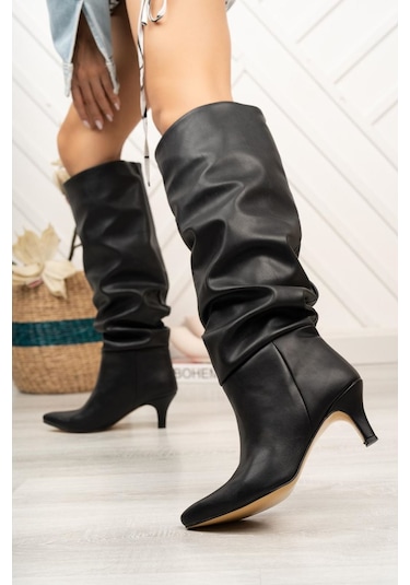 Sr-2001 Siyah Körüklü İnce Topuklu Günlük Bayan Çizme Siyah