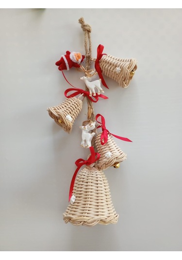 Bambu 4'lü Noel Çanı,geyik Noel Baba Arajmanlı Kapı Duvar Dekoru 33cm
