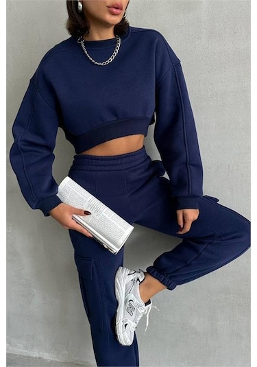 Dip Moda Kadın Bisiklet Yaka Crop Eşofman Takımı Dpnbg041 Lacivert