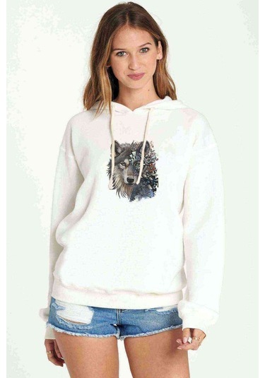 Wolf Face Metal Rock Music Müzik Baskılı Beyaz Kadın Kapşonlu Sw