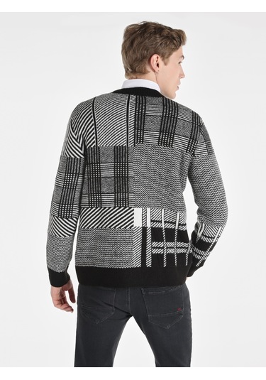 Colins Regular Fit Bisiklet Yaka Kareli Siyah Erkek Kazak Cl1065744 Siyah