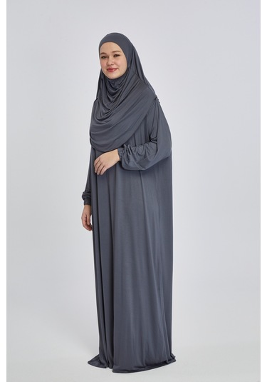 Pratik Başörtülü Rahat Giyilebilen Organik Tek Parça Namaz Elbisesi Füme