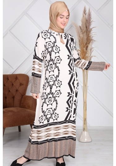 Reis Geometrik Desenli Viskon Tesettür ElbiseBeyaz