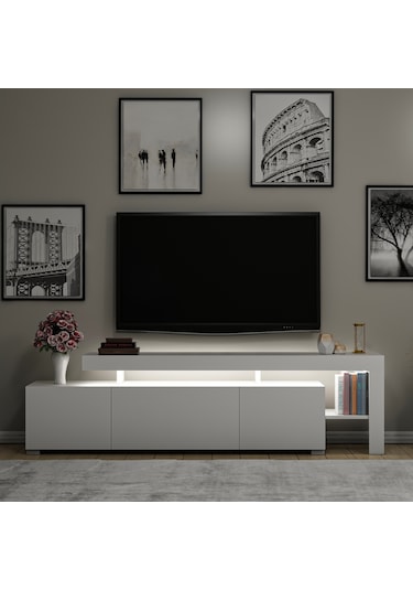 Beliz Modern LED Işıklı 3 Kapaklı, Raflı TV Sehpası – 192 cm, Beyaz