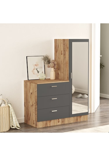Yurudesign Nancy Aynalı Şifonyer Gardırop Çam-Antrasit