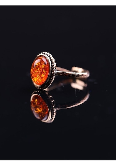 Doğal Taşlı Kehribar Ayarlanabilir Yüzük Orta Boy