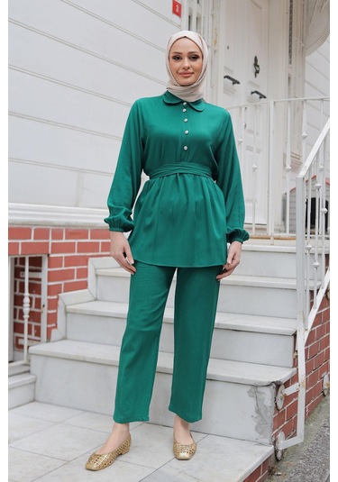 Taş Düğme Detaylı Takım Yeşil Yeşil