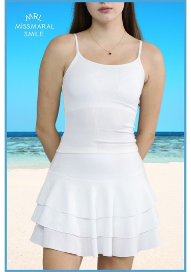 Mykonos Etek Ekru / Beyaz Içte Sabit Şortlu Yüksek Bel Likralı Bürümcük Kumaş Skirt With Shorts 4104 Ekru / Beyaz