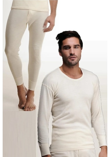 Erkek Yün İçlik Takım Orjinal Alt Üst Krem