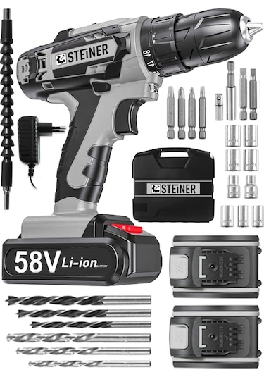 Steiner V-tech 58 V 5 Ah Darbeli Şarjlı Çift Akülü Vidalama Matkap Gri