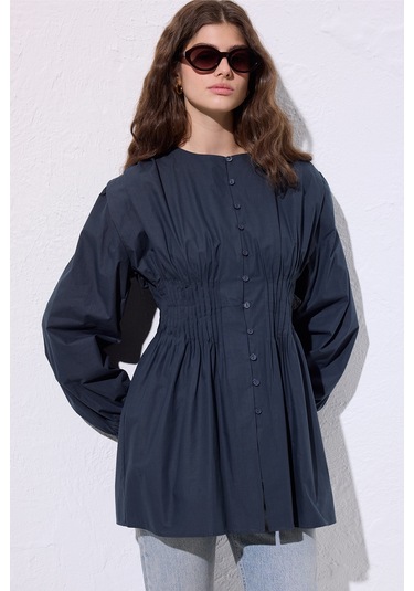 Beli Pile Detaylı Uzun Kol Bluz Lacivert Lacivert
