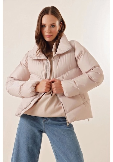 Defymoda 5205 Dik Yaka Fermuarlı Şişme Mont - Bej Bej