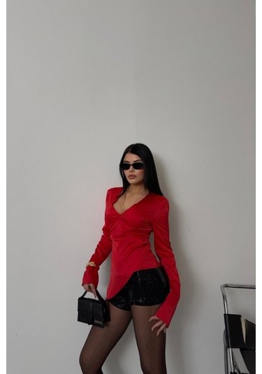 Saten Anvelop Bluz Manşet Kol - Kırmızı Kırmızı