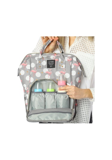 Lal Baby Flamingo Desenli Anne Bebek Bakım Sırt Çantası Gri