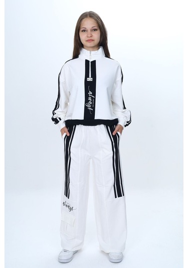 Kız Çocuk 2 İplik Yarım Fermuarlı Garnili Eşofman Takımı %100 Pamuk Rahat Kalıp-325 Ekru