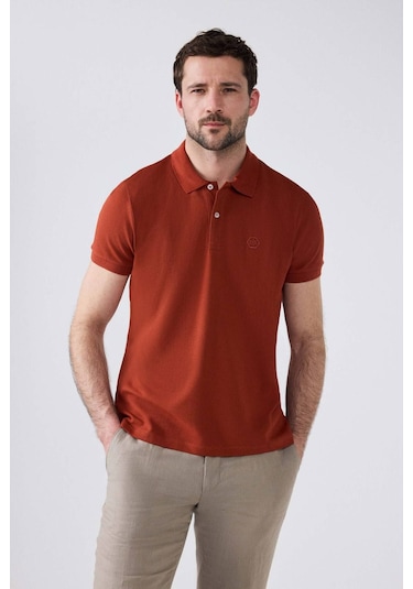 D's Damat Ds Damat Regular Fit Kiremit Pike Dokulu %100 Pamuk Kıvrılmaz Polo Yaka Nakışlı T-shirt 4HC14ORT51000 Kiremit