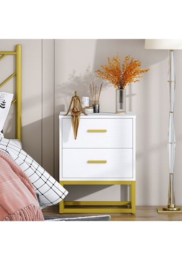 Lodovica Gold Metal Beyaz Komodin