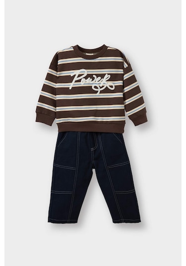 Defacto Erkek Bebek 2li Takım Baskılı Sweatshirt Jean Pantolon G3228a525wnbn258 Kahve-bn258