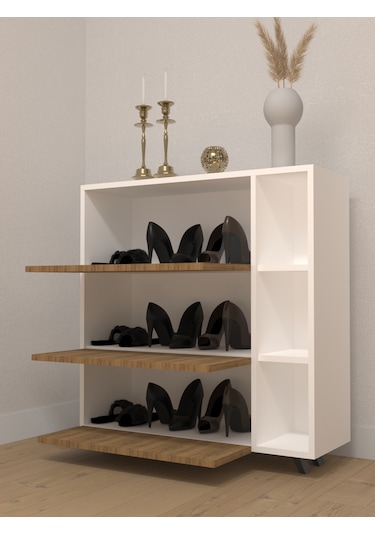 Esyah 3 Kapaklı Raflı Çok Amaçlı Ayakkabılık Ahşap - Beyaz