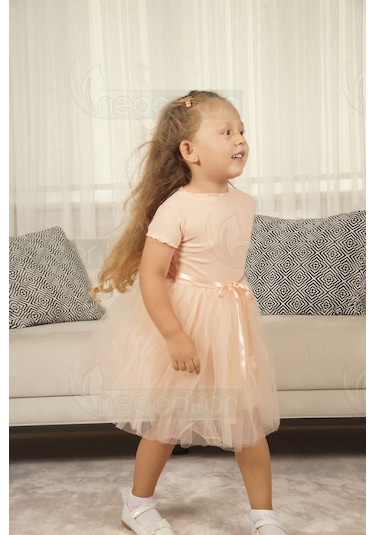 Tüllü Baskısız Düz Üst Kısım Ribana Alt Kısım Astarlı Tütü Etek Kız Çocuk Prenses Kısa Kollu Elbise SOMON