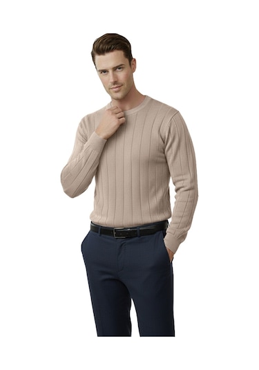 Deepsea Bej Dar Kesim Likralı Erkek Triko Kazak Bisiklet Yaka Şık Tasarım 2605433 Bej